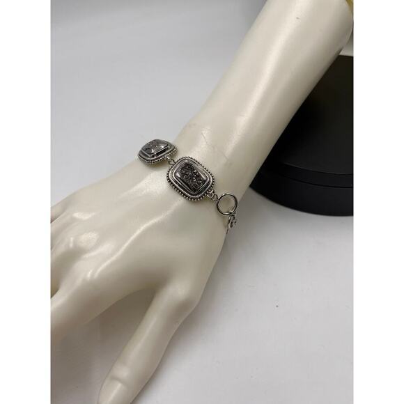 Sterling Silver INDIA PJC Black Druzy Quartz Braided Link Chain Bracelet - Picture 5 of 10